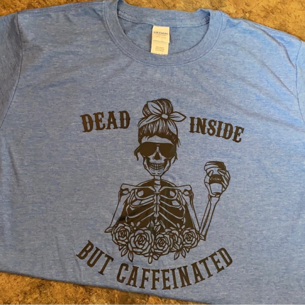 Skeleton dead inside but caffeinated t-shirt